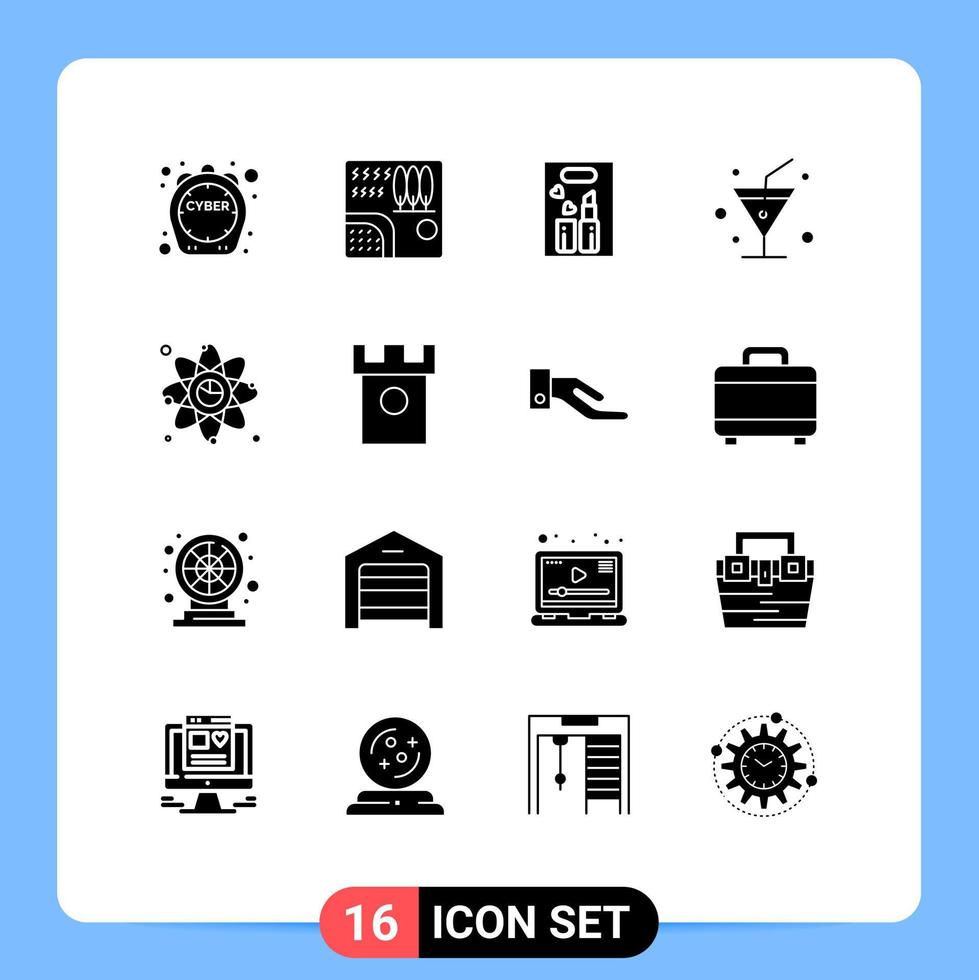 pacote de linha vetorial editável de 16 glifos sólidos simples de átomo de gráfico maquiagem de vidro de viagem elementos de design vetorial editáveis vetor