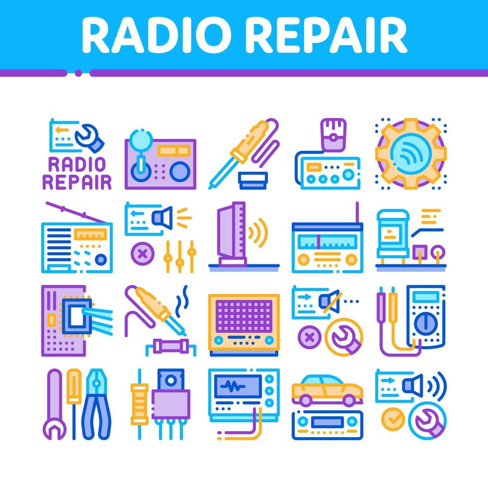 vetor de conjunto de ícones de coleção de serviço de reparo de rádio