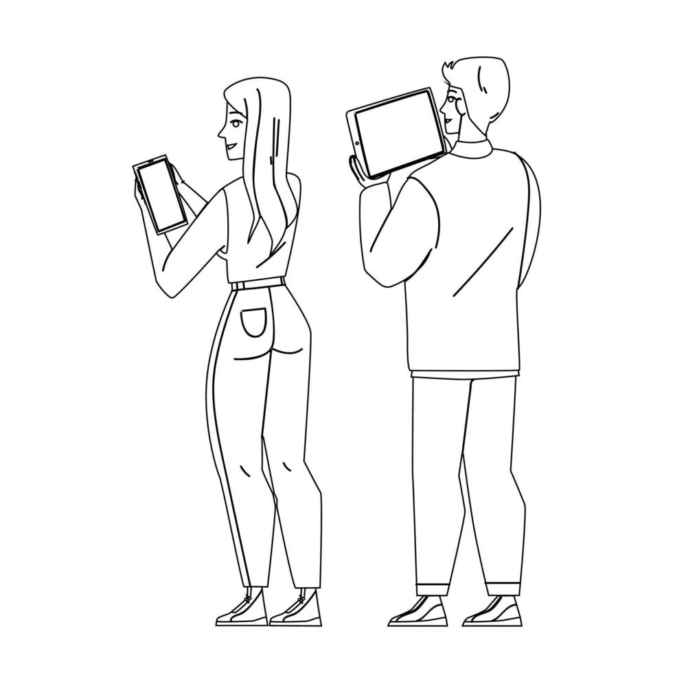 no telefone e tablet olhando vetor de menino e menina