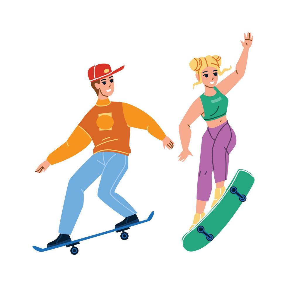 vetor de andar de skate menino e menina juntos