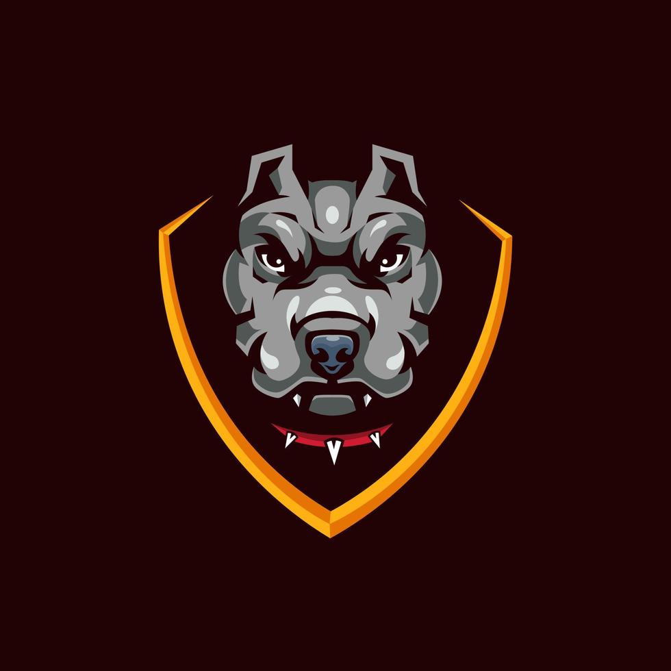 cabeça de pitbull no logotipo de mascote de escudo para esporte e jogos isolados em fundo escuro vetor