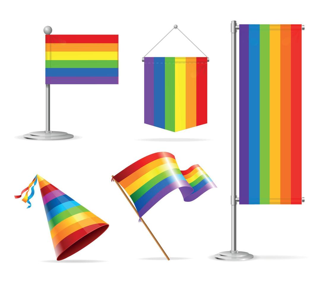 conjunto de bandeira de bandeira de arco-íris lgbtq detalhado 3d realista. vetor