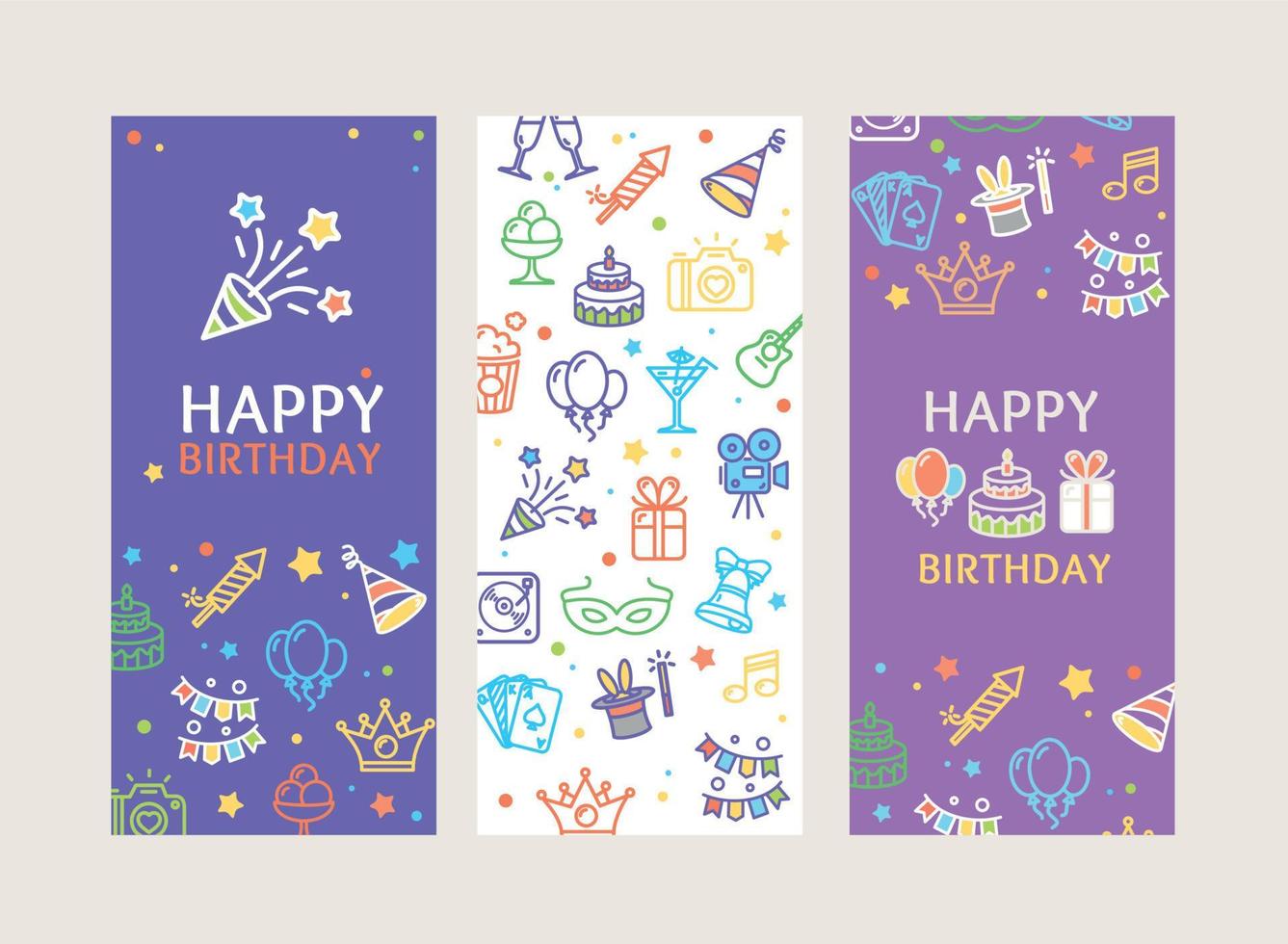 conjunto vecrtical de anúncio de cartão de pôster de banner de feliz aniversário. vetor