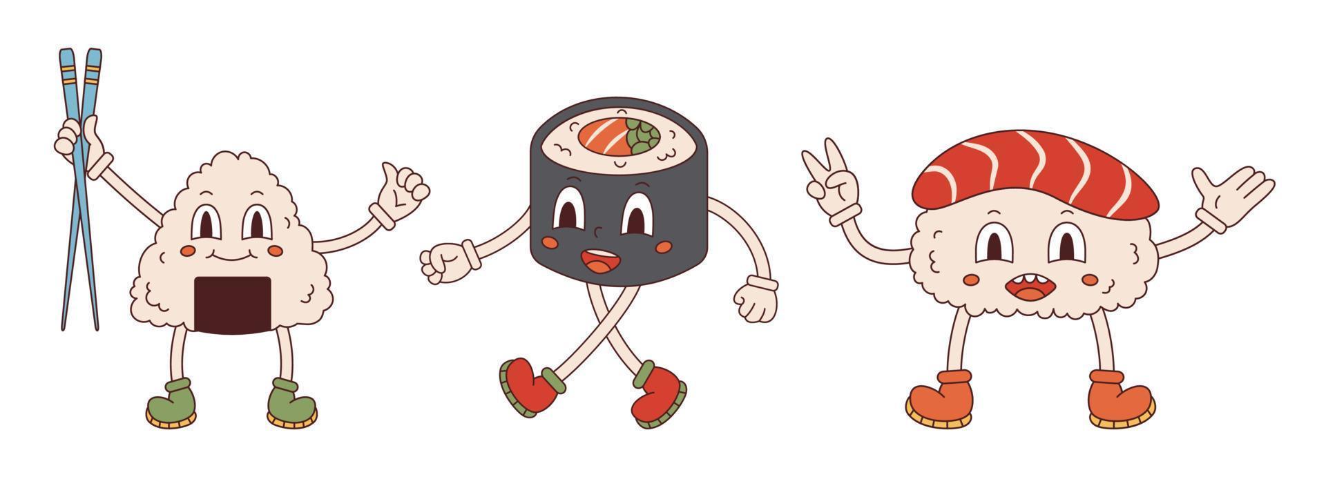 vetor definido com mascotes em estilo retrô. coleção bacana de onigiri segurando pauzinhos, sushi nigiri e sushi maki ambulante. personagens hippies dos anos 70. y2k.