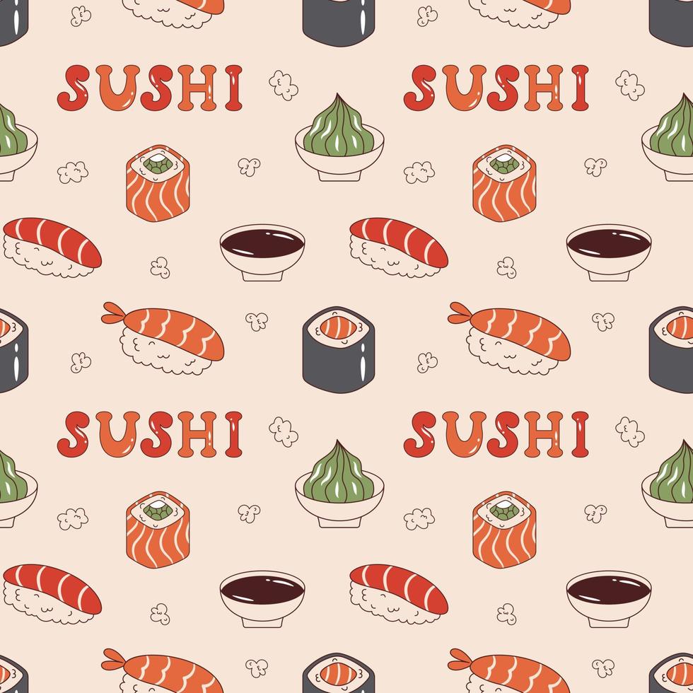 padrão sem emenda de vetor com sushi, molho de soja, wasabi e texto de sushi em estilo retrô. maki sushi, saquê nigiri, philadelphia roll e ebi nigiri. fundo com comida japonesa dos anos 70.