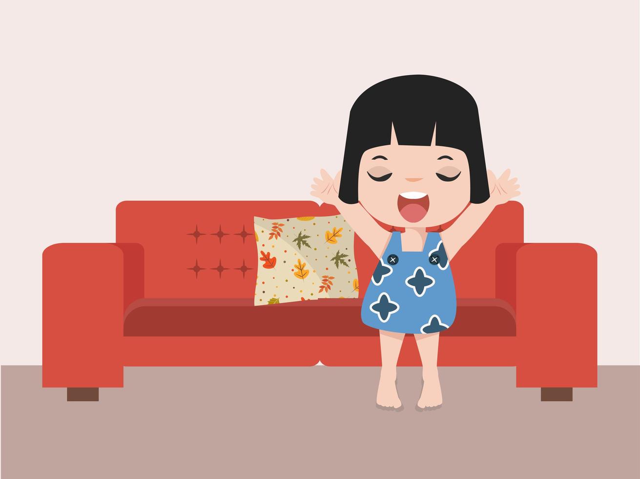 menina acordando em um sofá vermelho vetor