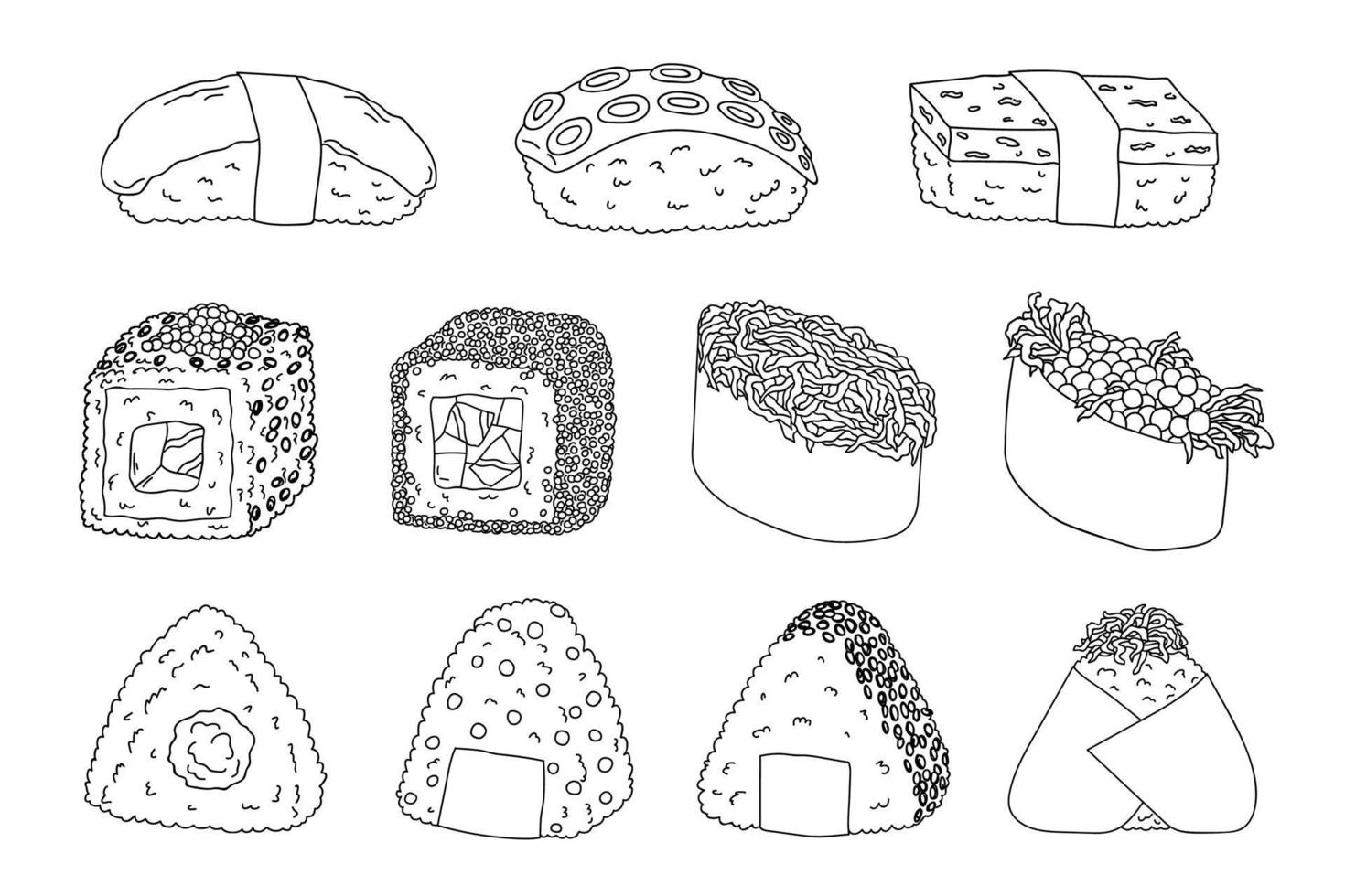 sushi e onigiri desenhados à mão. pratos da cozinha tradicional japonesa. conjunto de clipart de comida asiática vetor