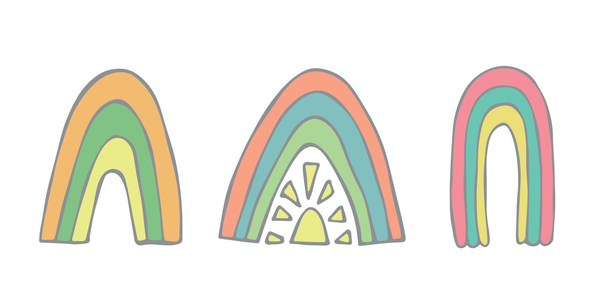 conjunto de arco-íris pastel desenhado à mão. elementos decorativos para impressão de cartões, crianças e roupas de bebê vetor