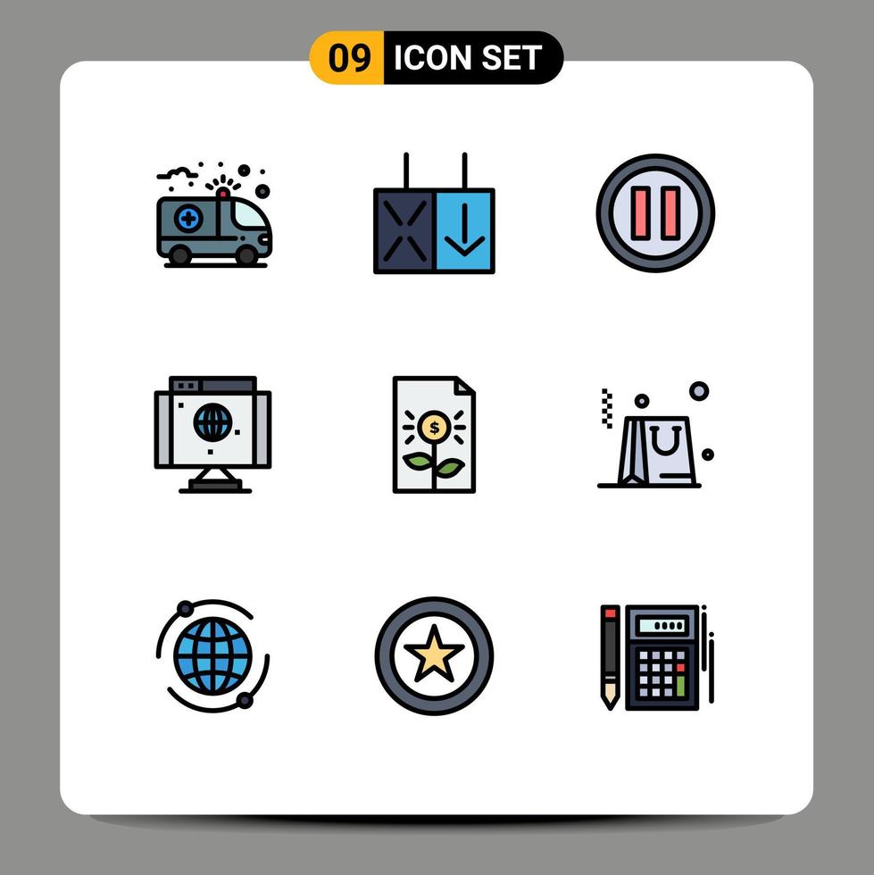 conjunto de 9 sinais de símbolos de ícones de interface do usuário modernos para finanças, banco de música, rede, elementos de design de vetores editáveis