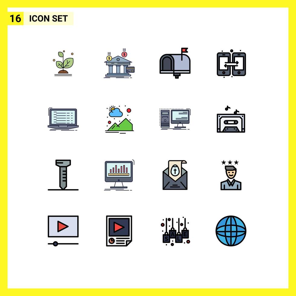 grupo de 16 linhas preenchidas de cores planas modernas definidas para conexão de dinheiro de dados móveis e-mail elementos de design de vetores criativos editáveis