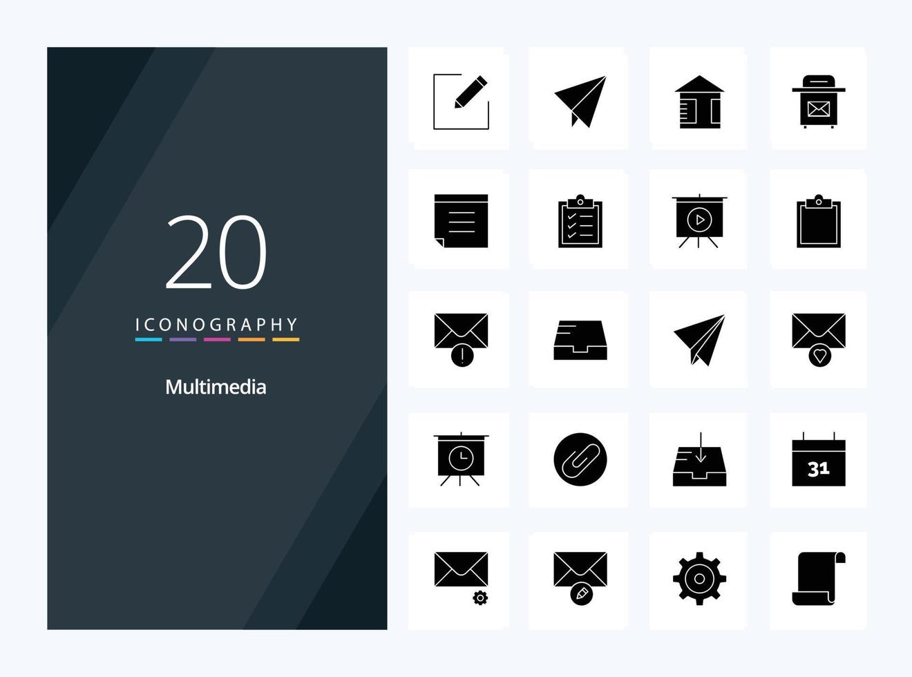 20 ícone de glifo sólido multimídia para apresentação vetor