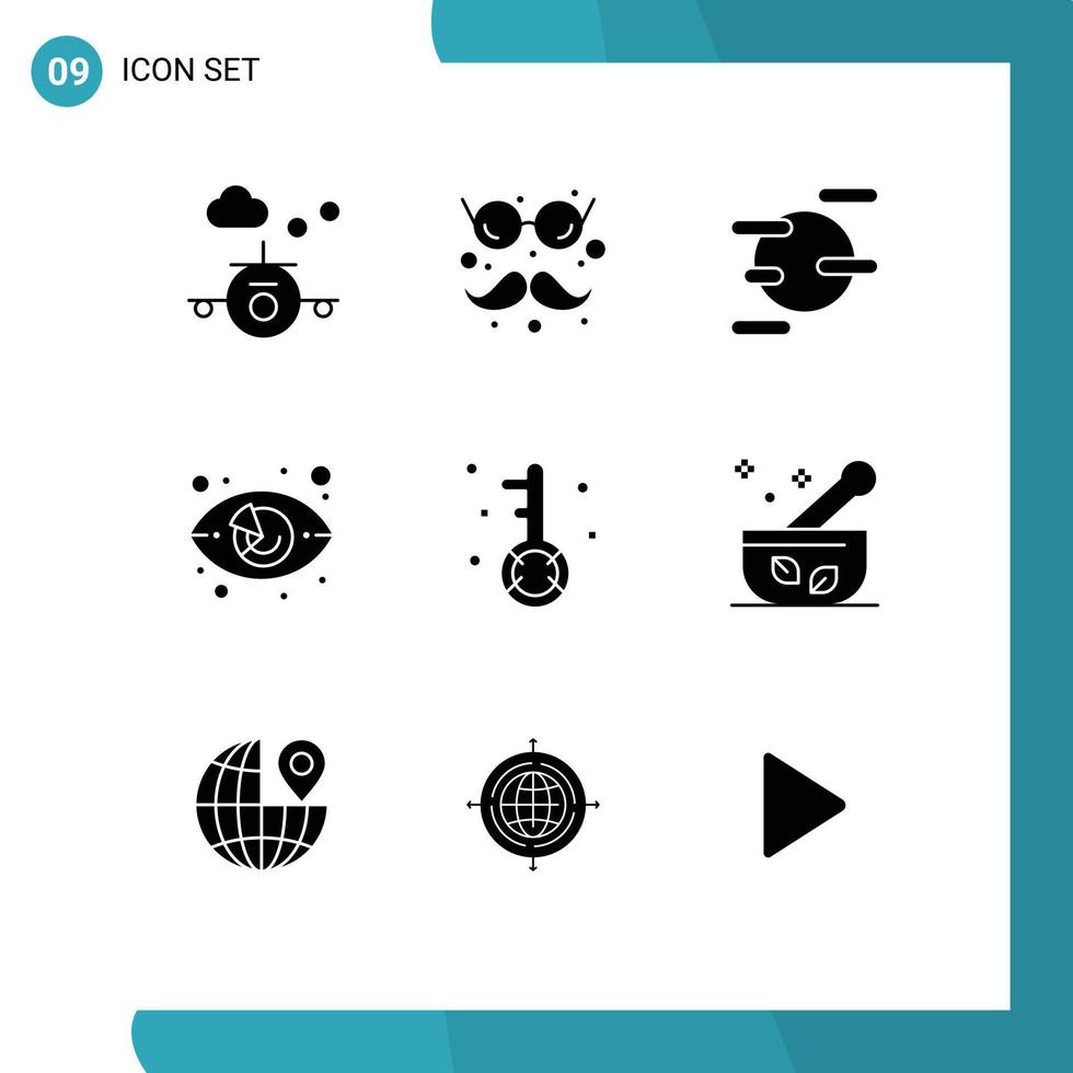 grupo de 9 sinais e símbolos de glifos sólidos para palavras-chave marketing ciência mercado relógio olho editável elementos de design vetorial vetor
