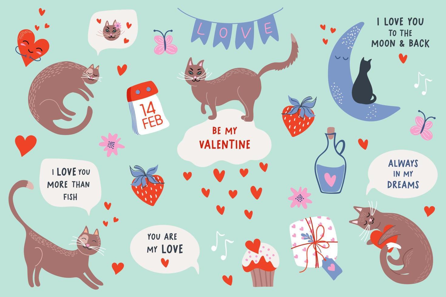lindo conjunto com gatos, corações e declarações de amor. cartões românticos com gatos. ilustrações vetoriais do dia dos namorados. vetor