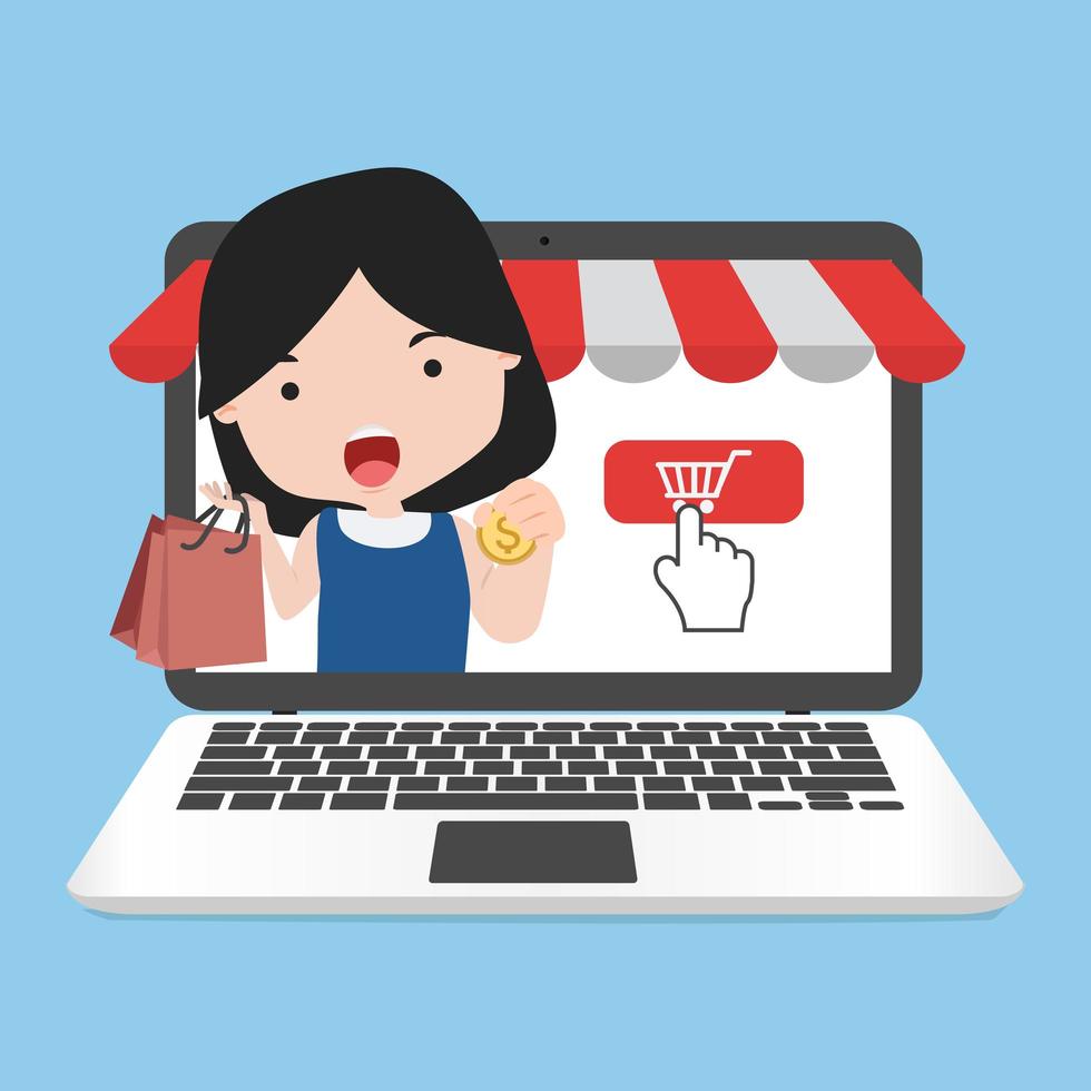 garota fazendo compras online em um laptop vetor