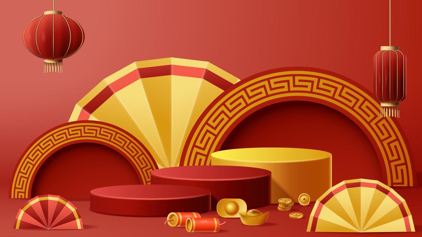 fundo de decoração de pódio de exibição de ano novo chinês com ornamento chinês. ilustração vetorial 3d vetor