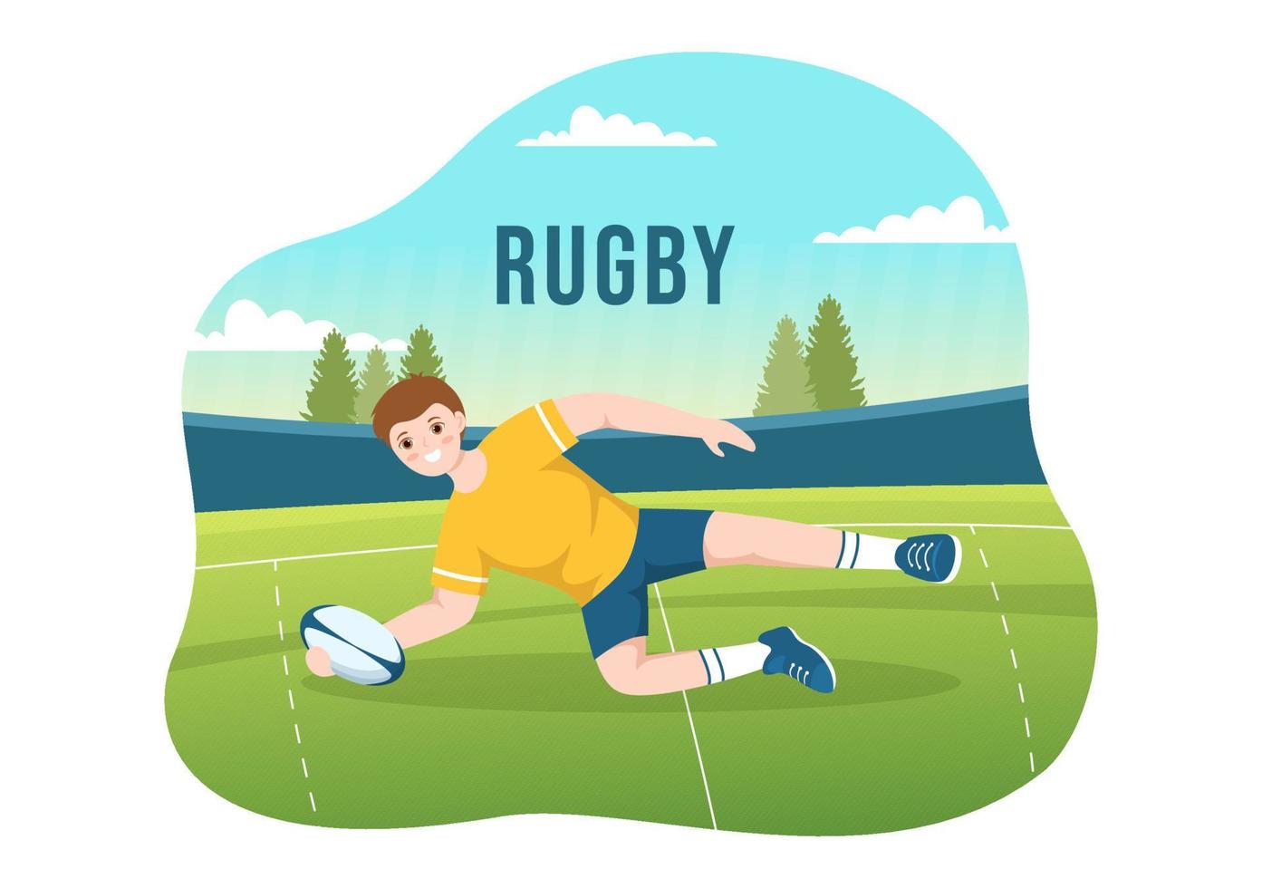 jogador de rugby executando ilustração com uma bola no esporte de campeonato para banner da web ou página de destino em modelos desenhados à mão de desenhos animados planos vetor