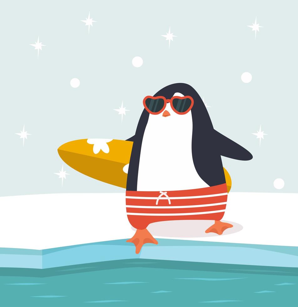 pinguim feliz surfando no ártico vetor