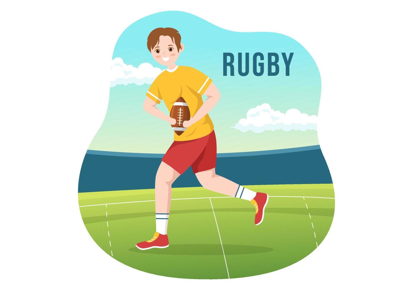 jogador de rugby executando ilustração com uma bola no esporte de campeonato para banner da web ou página de destino em modelos desenhados à mão de desenhos animados planos vetor