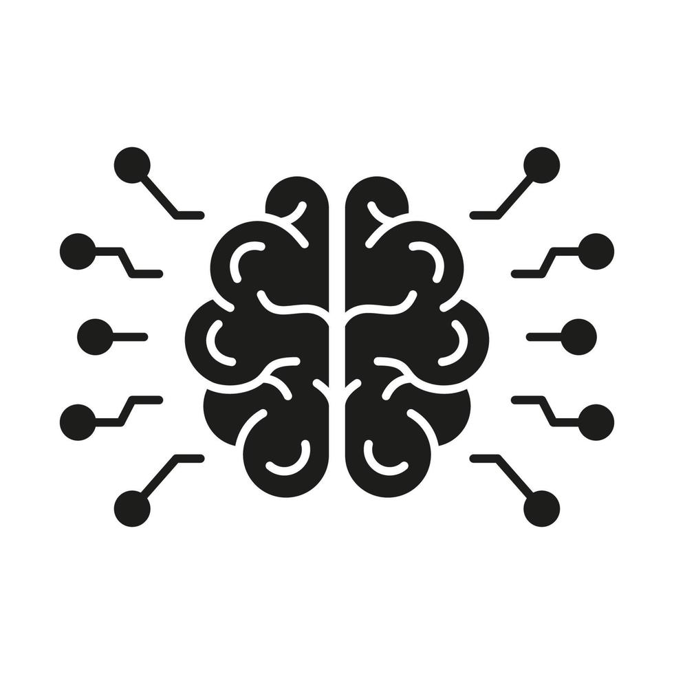 cérebro humano e pictograma de glifo de tecnologia de rede. ícone de silhueta de inteligência artificial. ai, ícone do conceito de neurociência de inovação. ilustração vetorial isolada. vetor