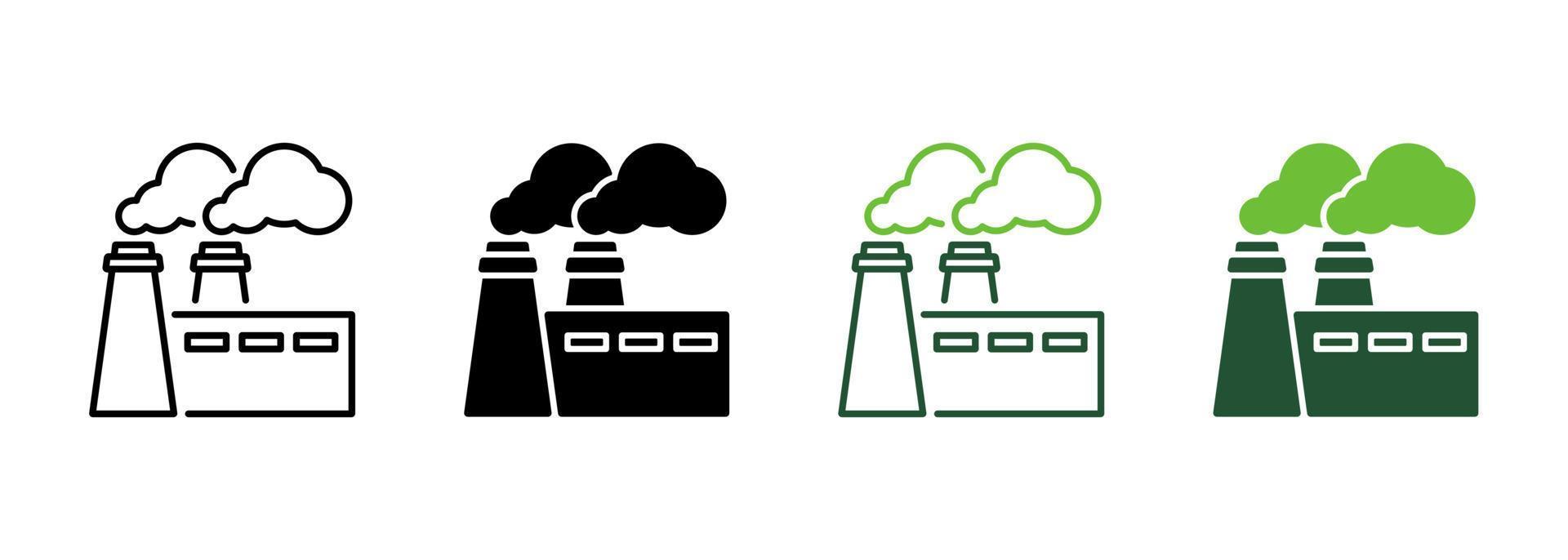 estação de energia com conjunto de ícones de linha e silhueta de fumaça. pictograma de fábrica industrial. coleção de símbolo de poluição nuclear de produção vegetal em fundo branco. ilustração vetorial isolada. vetor