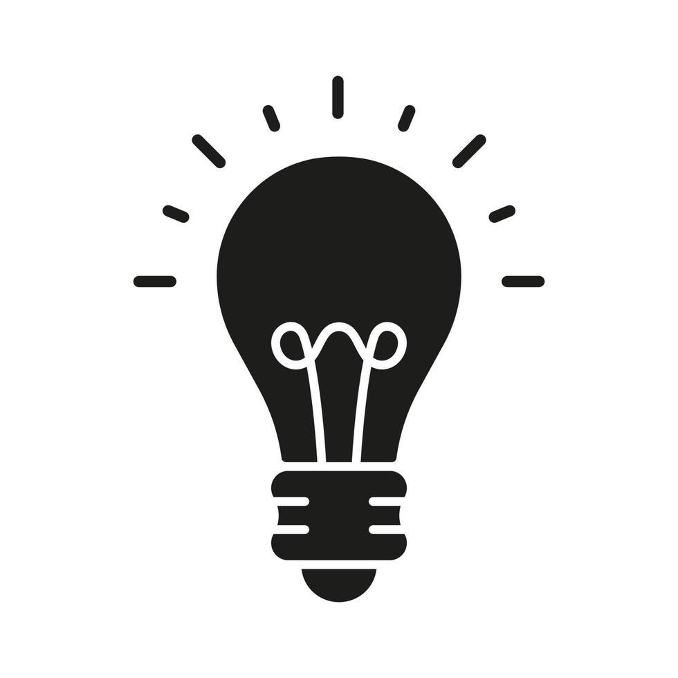 lâmpada brilhante, solução criativa e pictograma de inovação. ícone de silhueta do conceito de ideia inteligente de lâmpada. sinal de glifo de lâmpada elétrica eficiente de baixa energia. ilustração vetorial isolada. vetor