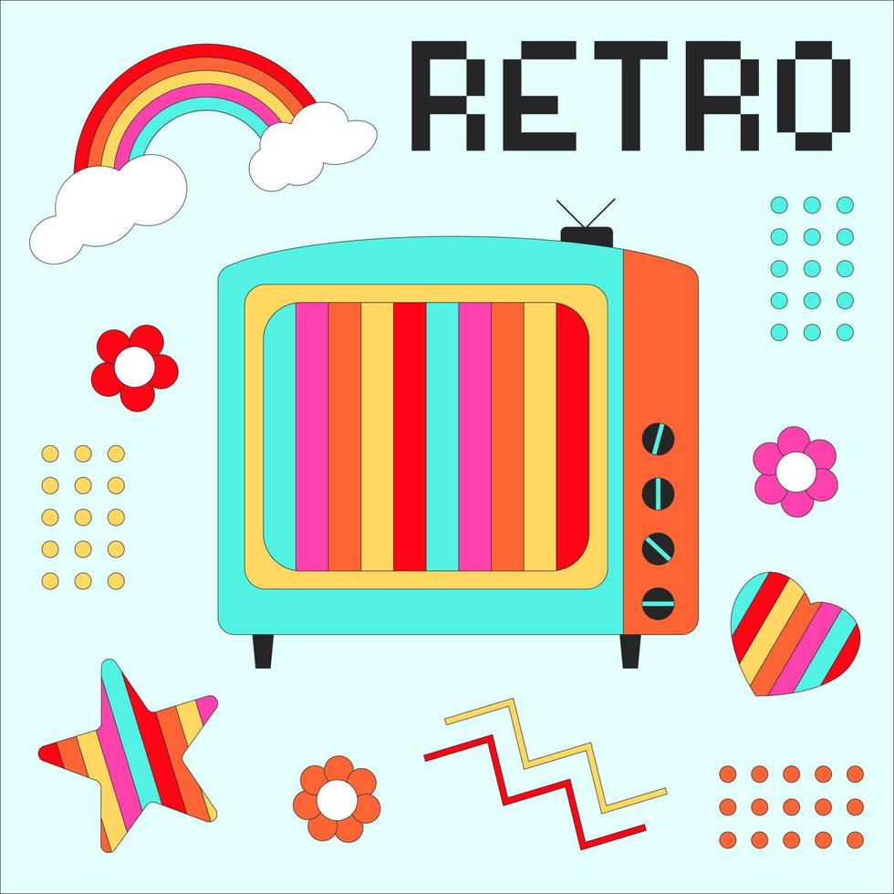 cartaz de desenhos animados de tv retrô. elementos clássicos dos anos 80-90 em estilo moderno plano, estilo de linha. vetor