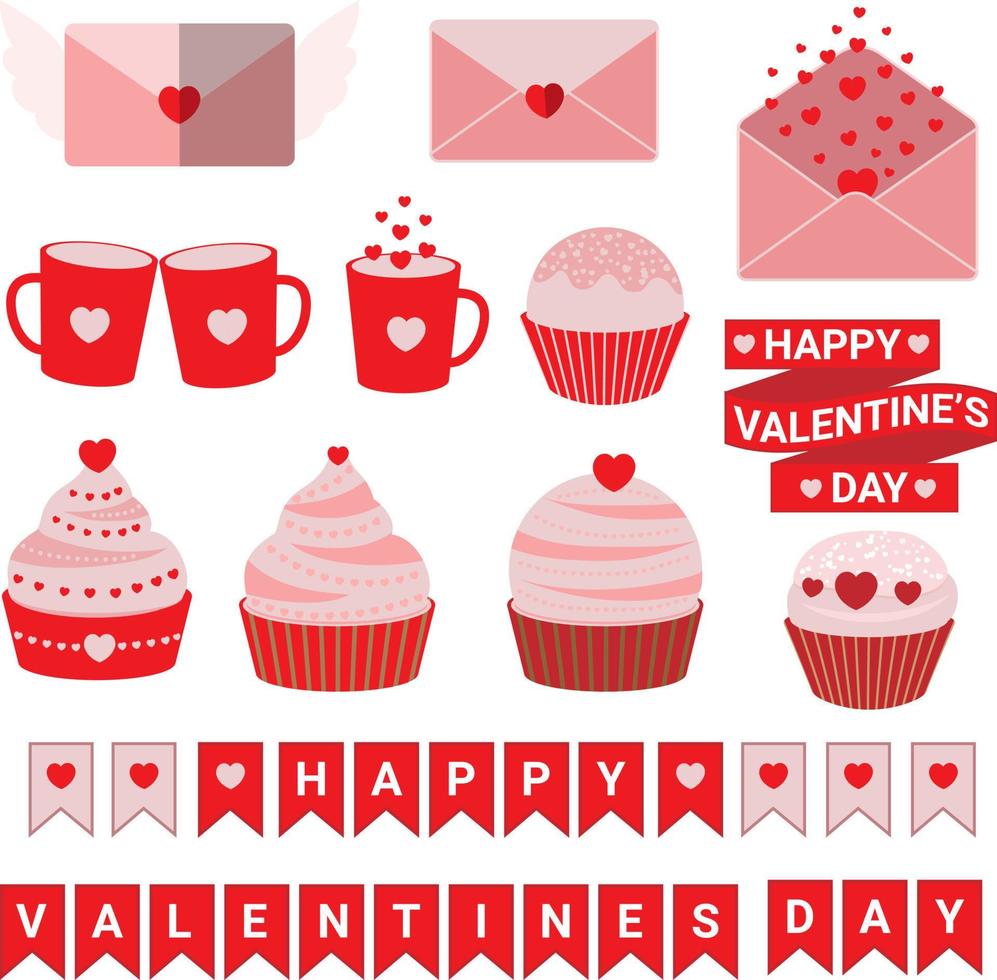 conjunto de elementos do dia dos namorados com cupcakes, envelopes, fitas com texto de feliz dia dos namorados e canecas de amor. vetor