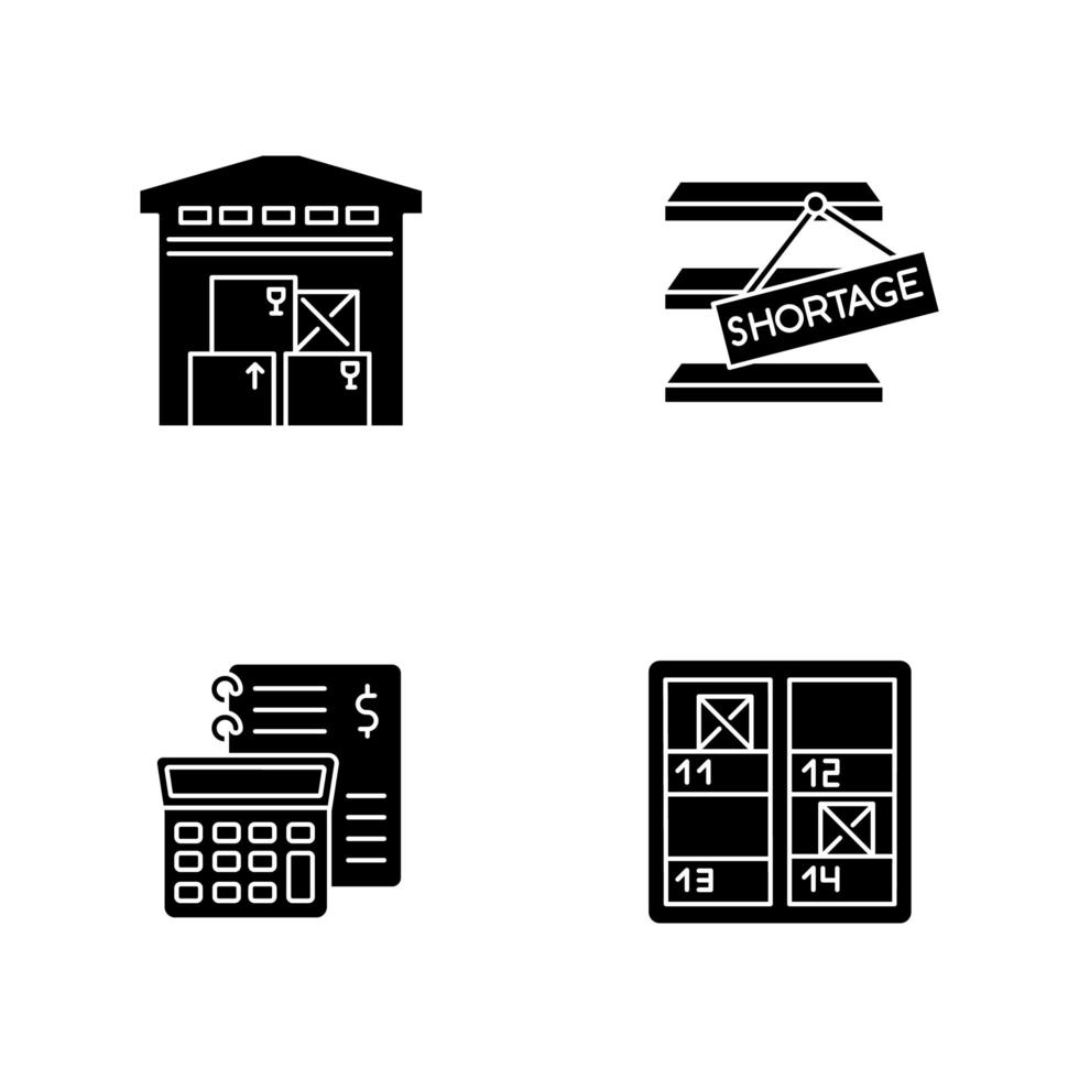 ícones pretos de gerenciamento de armazém definidos no espaço em branco. vetor