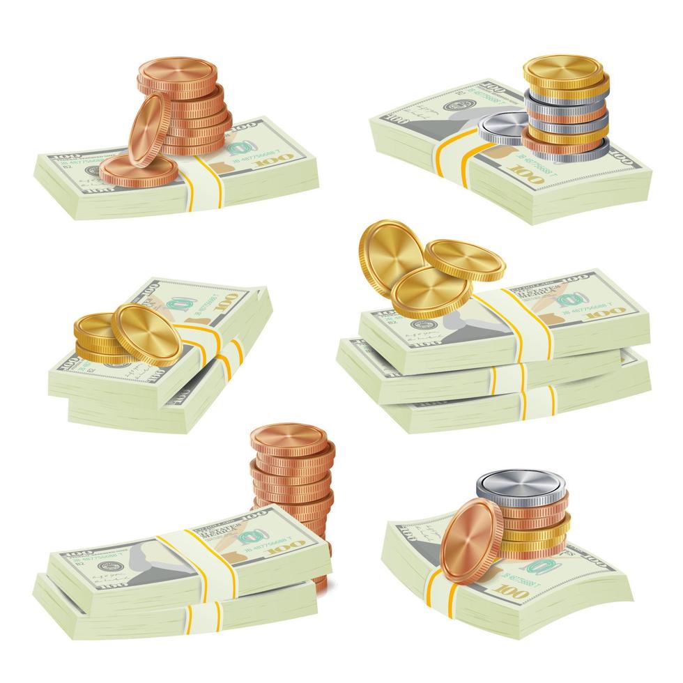 vetor de pilhas de dólar. moedas de ouro e notas de dinheiro. símbolo de dinheiro. ilustração isolada de conta de dinheiro.