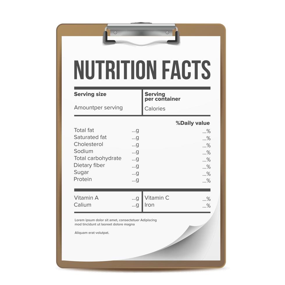 vetor de fatos nutricionais. em branco, modelo. servindo. saudável. suplemento dietético saudável de fitness. ilustração