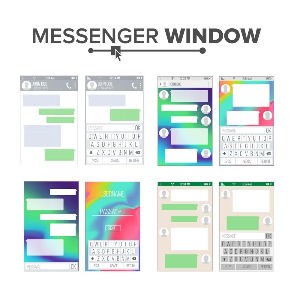 conjunto de vetores de mensageiro de kit de interface do usuário móvel. modelo de design de aplicativo de bate-papo. bate-papo, modelo de vetor de aplicativo sms. caixas de mensagem. ilustração isolada de teclado móvel moderno