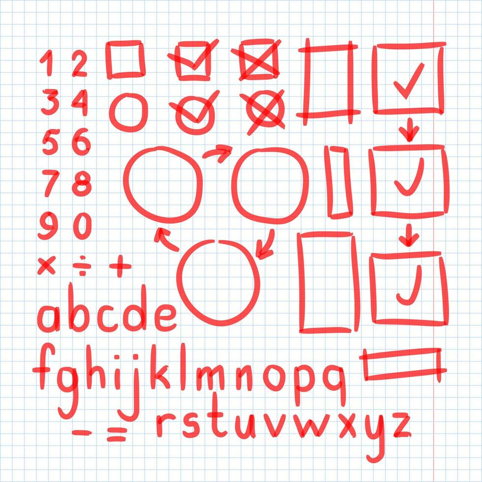 vetor de símbolos de doodle escrito à mão marcador. letras, números, símbolos matemáticos