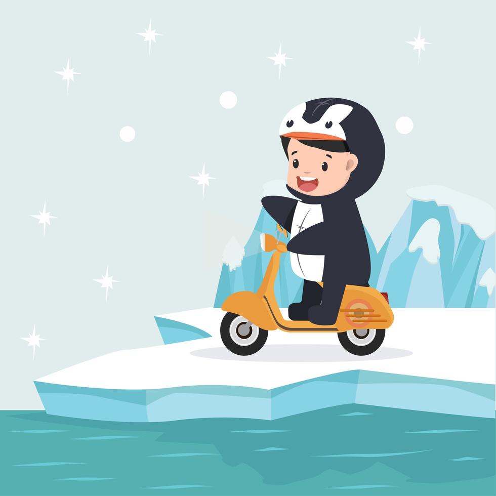 menino fantasiado de pinguim andando de scooter no ártico vetor