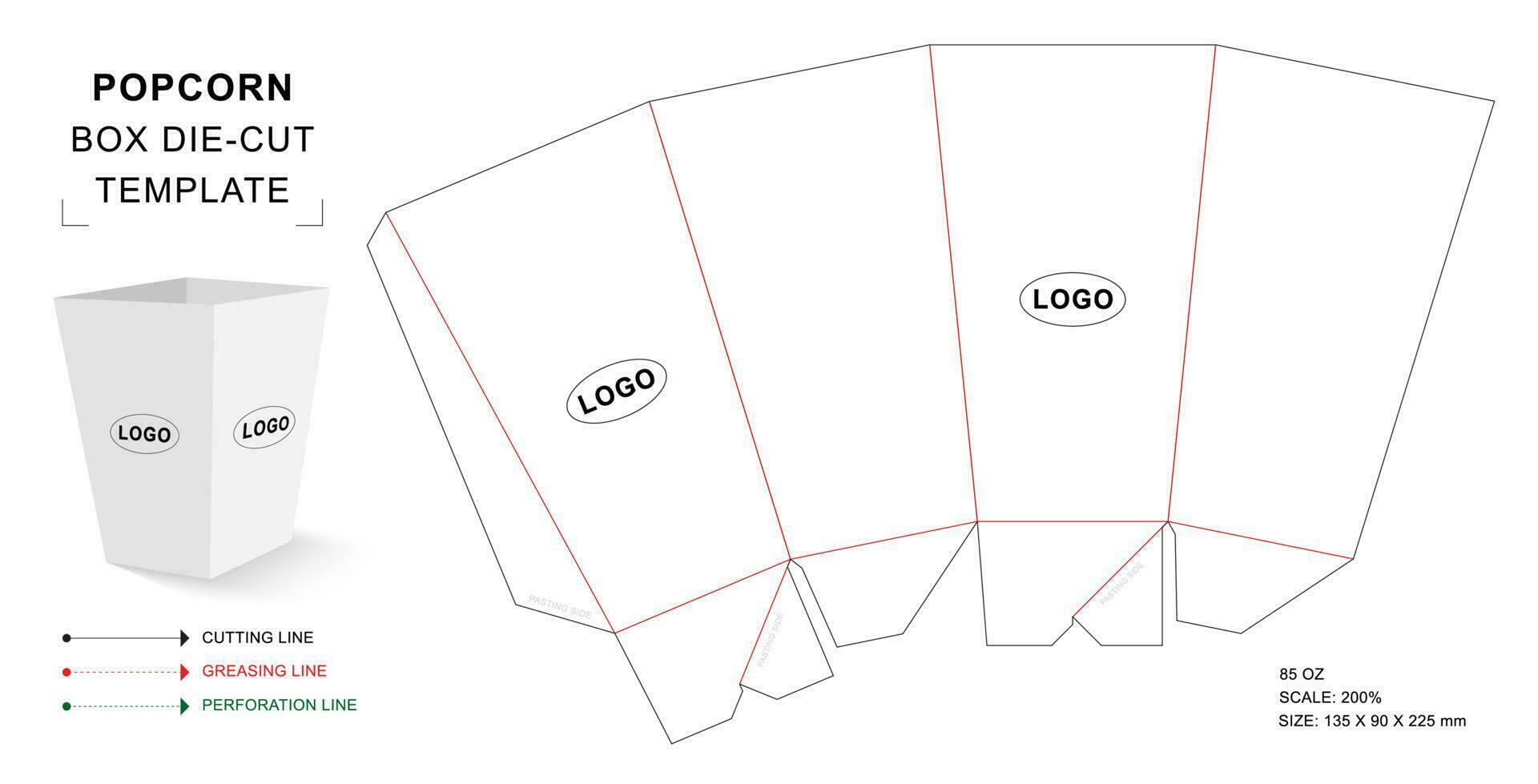 modelo de corte e vinco de caixa de pipoca de 85 onças vetor