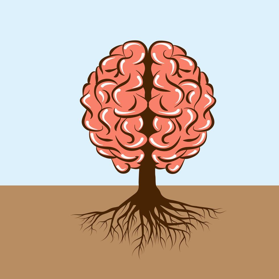 cérebro humano com raízes como uma árvore vetor