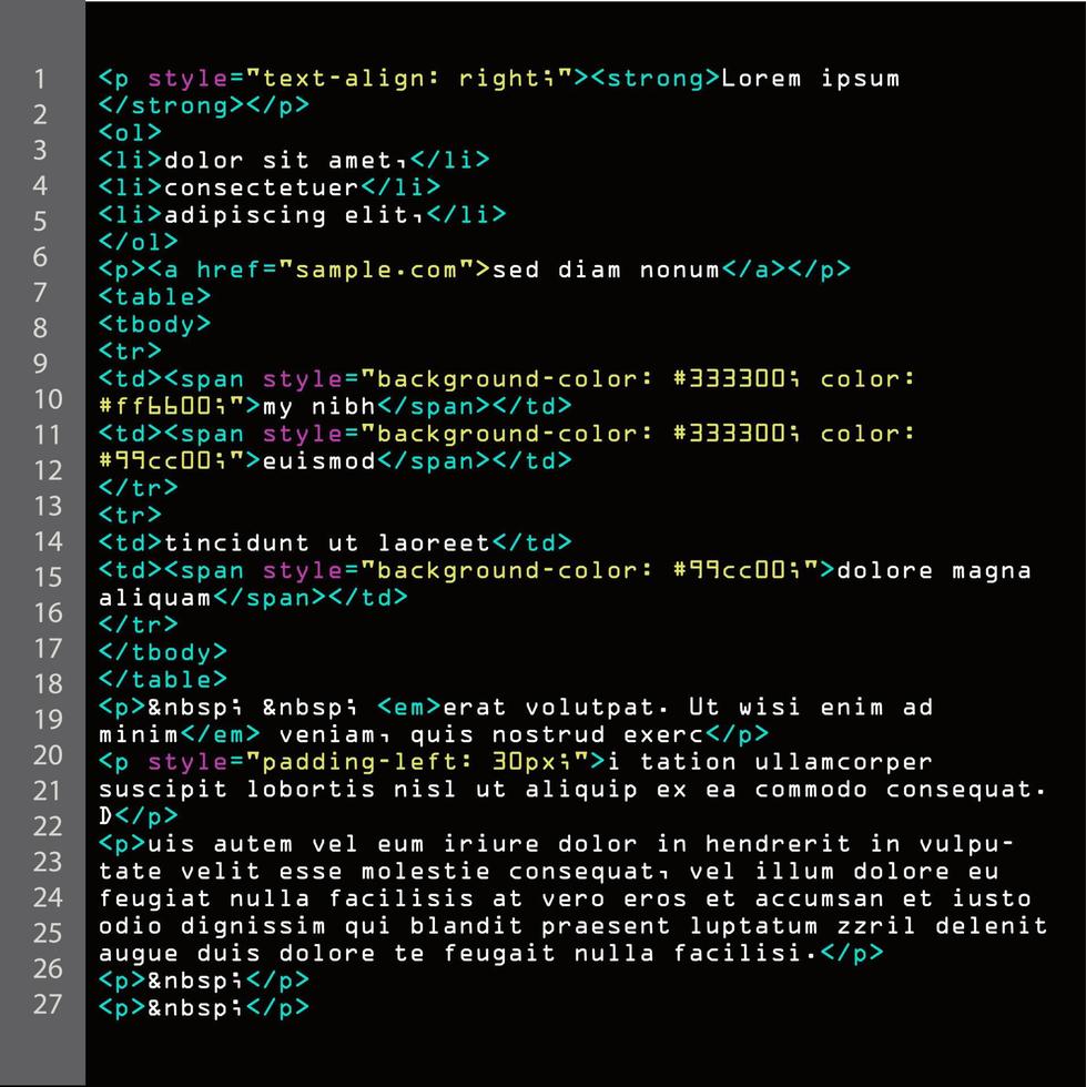 vetor de código simples html. tags de programa abstratas coloridas na exibição do desenvolvedor. tela de sintaxe iluminada colorida do script de código-fonte. fundo preto.