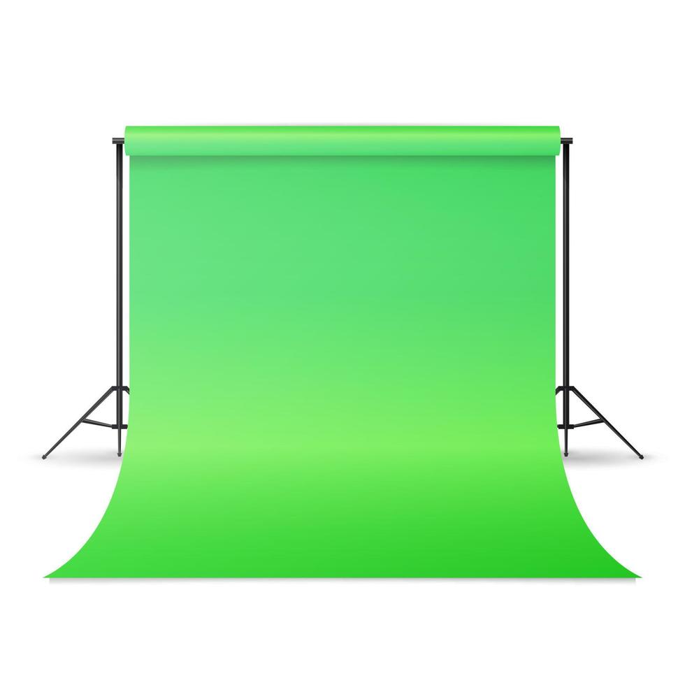 vetor hromakey de estúdio fotográfico vazio. estúdio fotográfico moderno. tripés de suporte de pano de fundo verde. ilustração isolada.