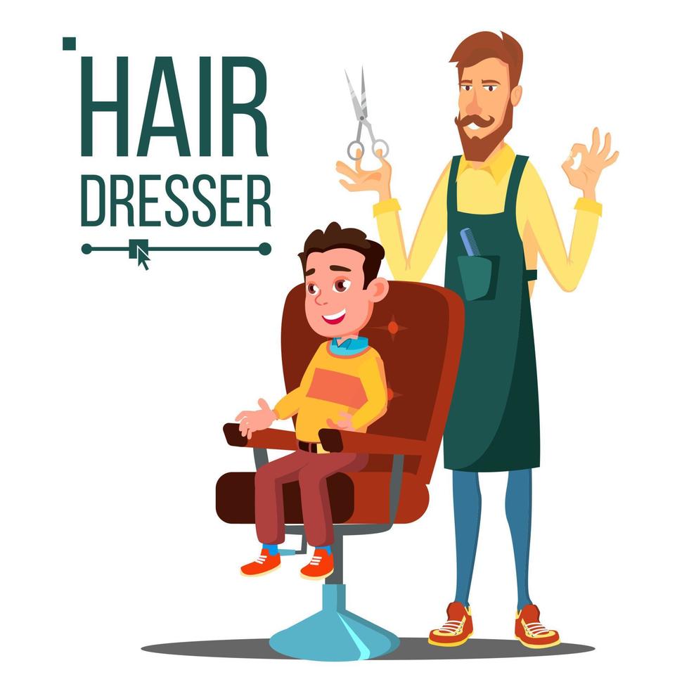 cabeleireiro e criança, vetor adolescente. fazendo o corte de cabelo do cliente. barbeiro. ilustração plana isolada dos desenhos animados