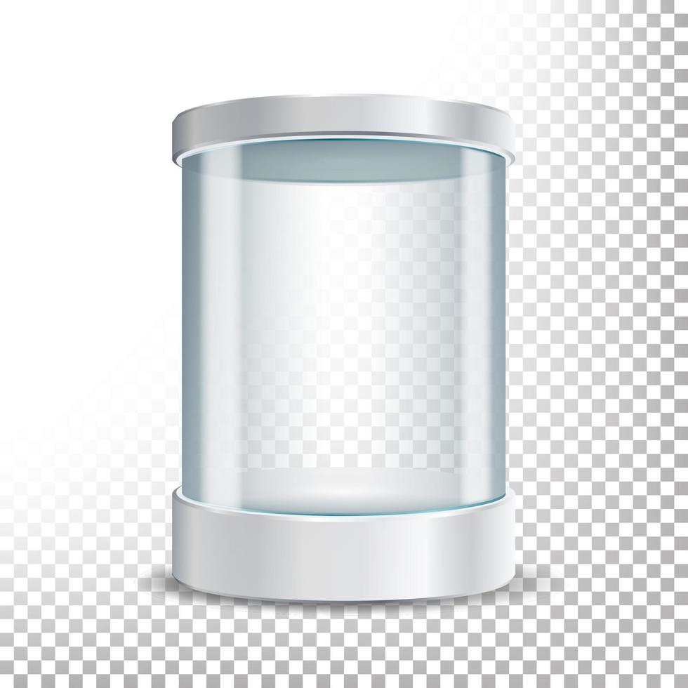 pódio de vitrine de museu de vidro transparente. mock up caixa cápsula, objeto em forma de cilindro para exposição. ilustração vetorial realista vetor