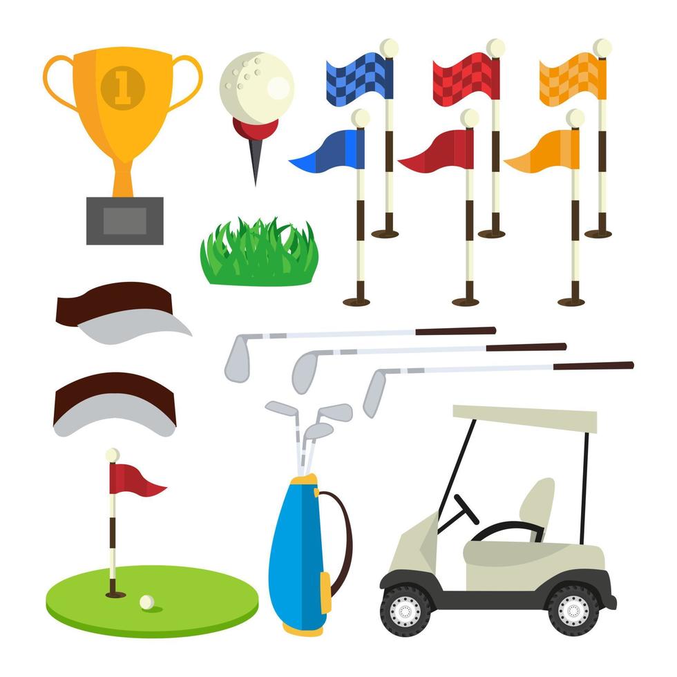 vetor de conjunto de ícones de golfe. acessórios de golfe. copo, bandeira, grama, boné, bastão, bolsa, carro. ilustração plana isolada dos desenhos animados