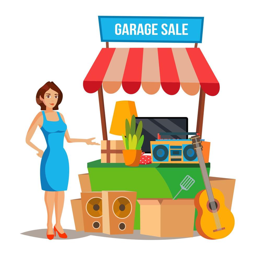 vetor de venda de garagem. venda de utensílios domésticos. mulher cuidando de uma venda de garagem. ilustração de personagem de desenho animado