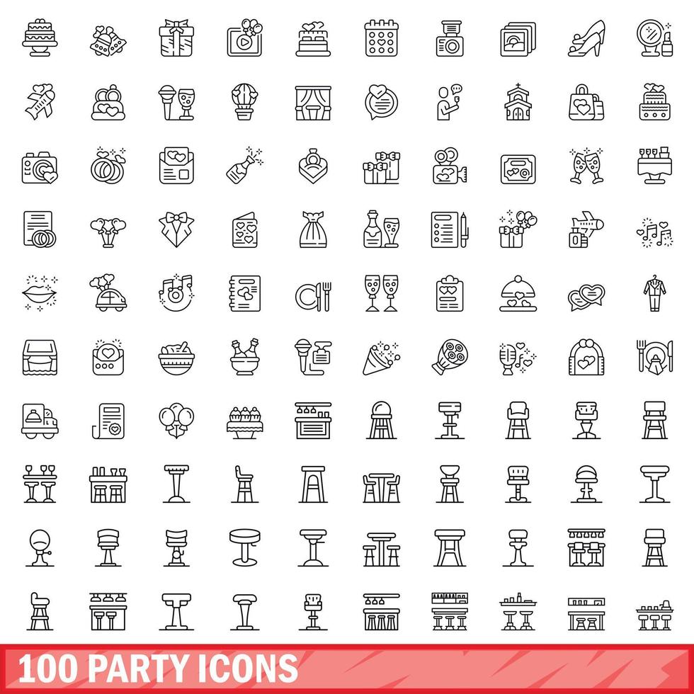 conjunto de 100 ícones de festa, estilo de contorno vetor