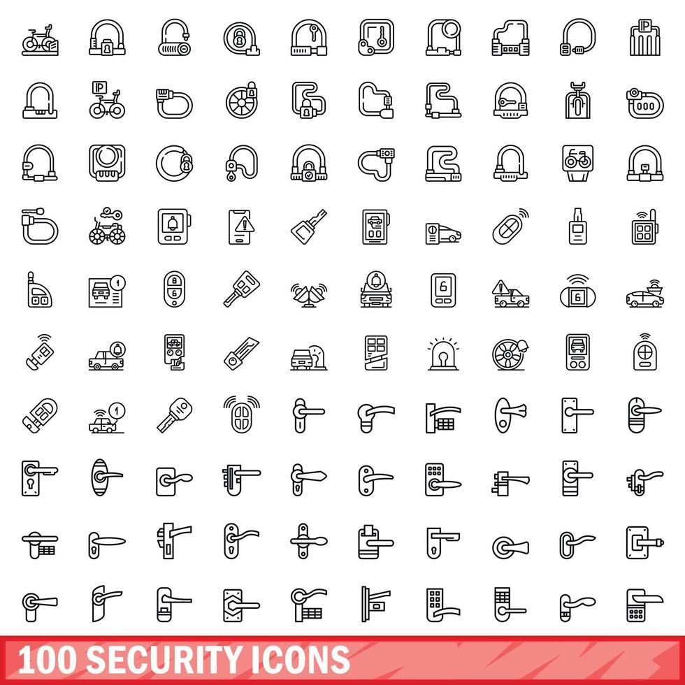 100 ícones de segurança definidos, estilo de estrutura de tópicos vetor