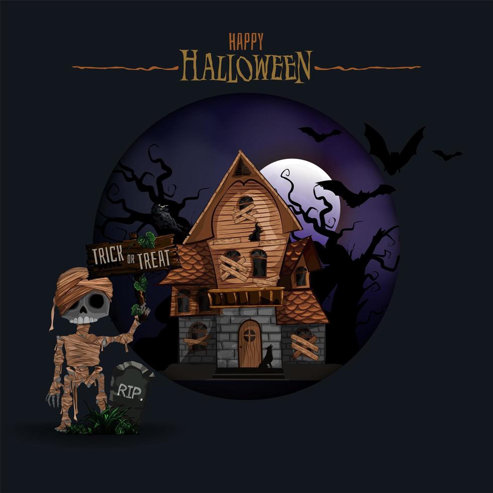 fundo de halloween com casa mal-assombrada e múmia vetor