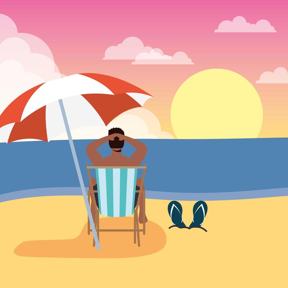 homem tomando banho de sol na praia, cenário de verão vetor