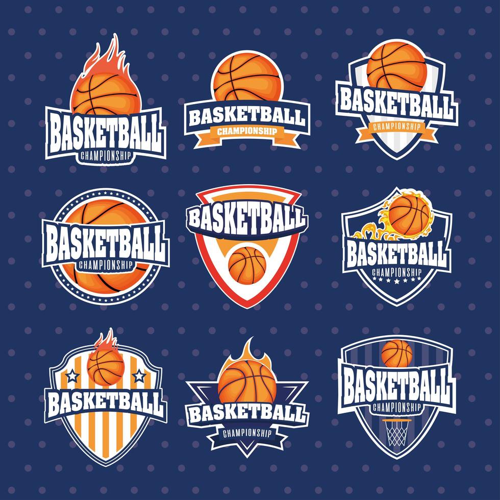 conjunto de emblema de esportes do campeonato de basquete vetor