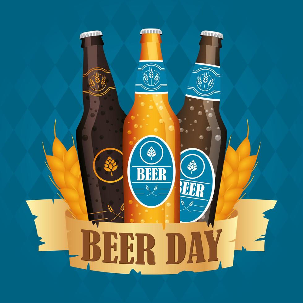 composição de celebração do dia da cerveja com garrafas de cerveja vetor