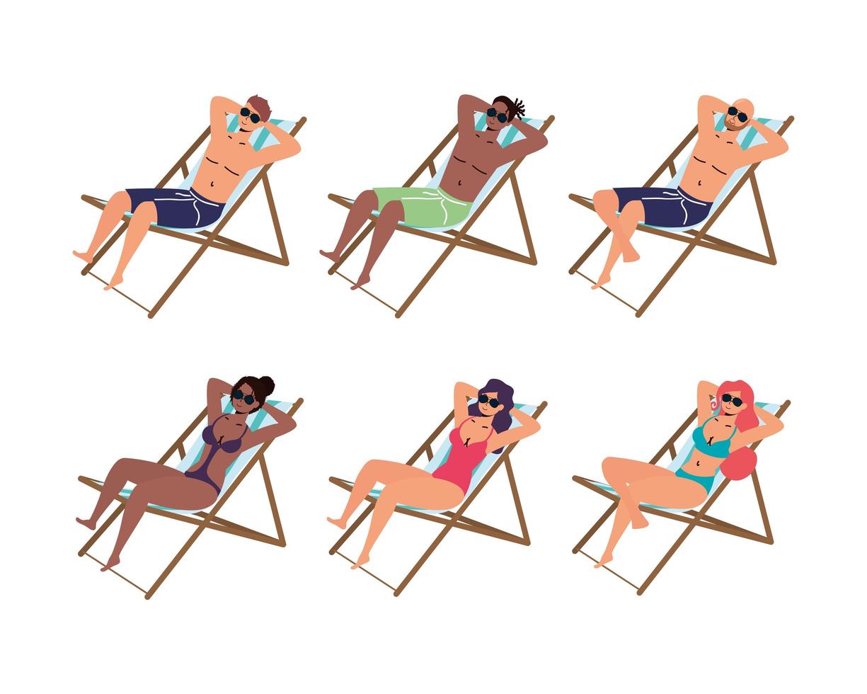conjunto de pessoas tomando banho de sol em cadeiras vetor