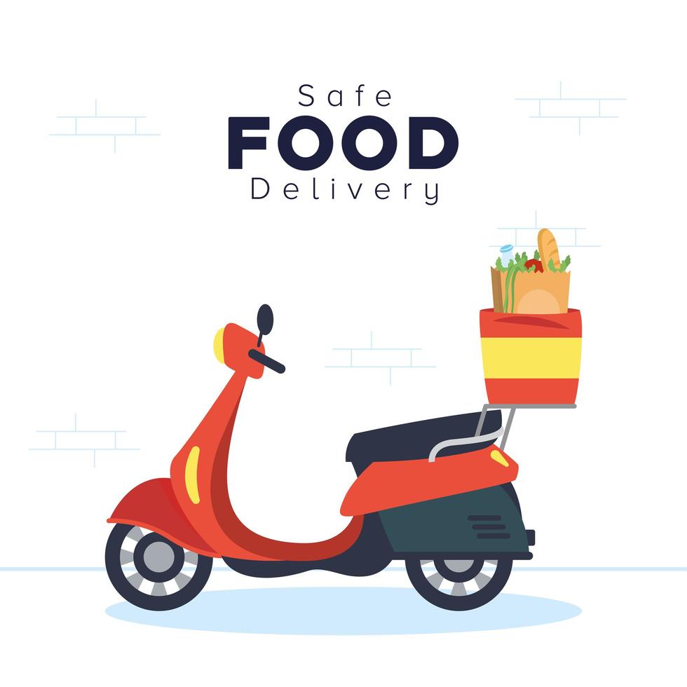 Banner de entrega segura de comida com scooter e mantimentos vetor