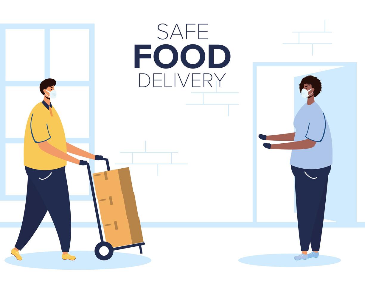 banner de entrega de comida segura com trabalhador e cliente vetor